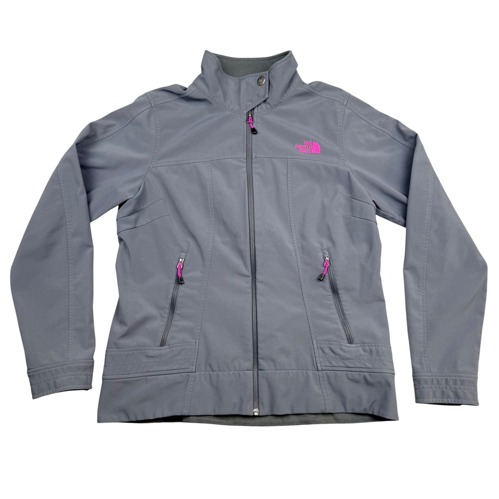 The North Face Womens Grey Softshell Full Zip Jacket Pink Logo A7WZ Size Large